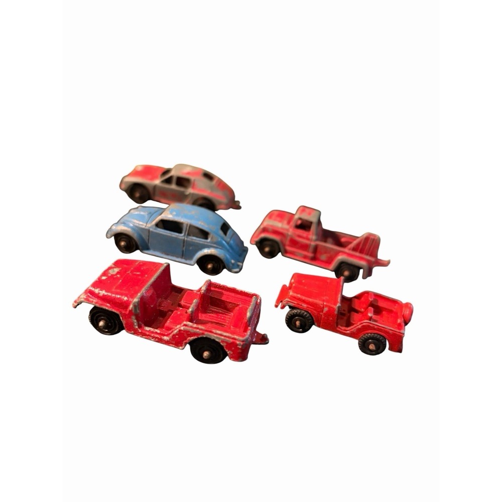 Vintage Tootsie Toy Lot Of 5 Die-cast Cars Jeep Tow Truck Fire Truck Beetle